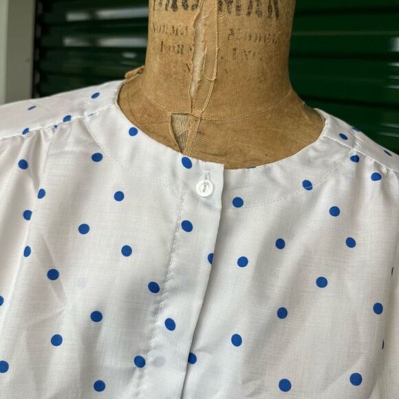 Vintage 80s Pykettes White & Blue Polka Dot Short Sleeve Blouse XL USA - Picture 3 of 9
